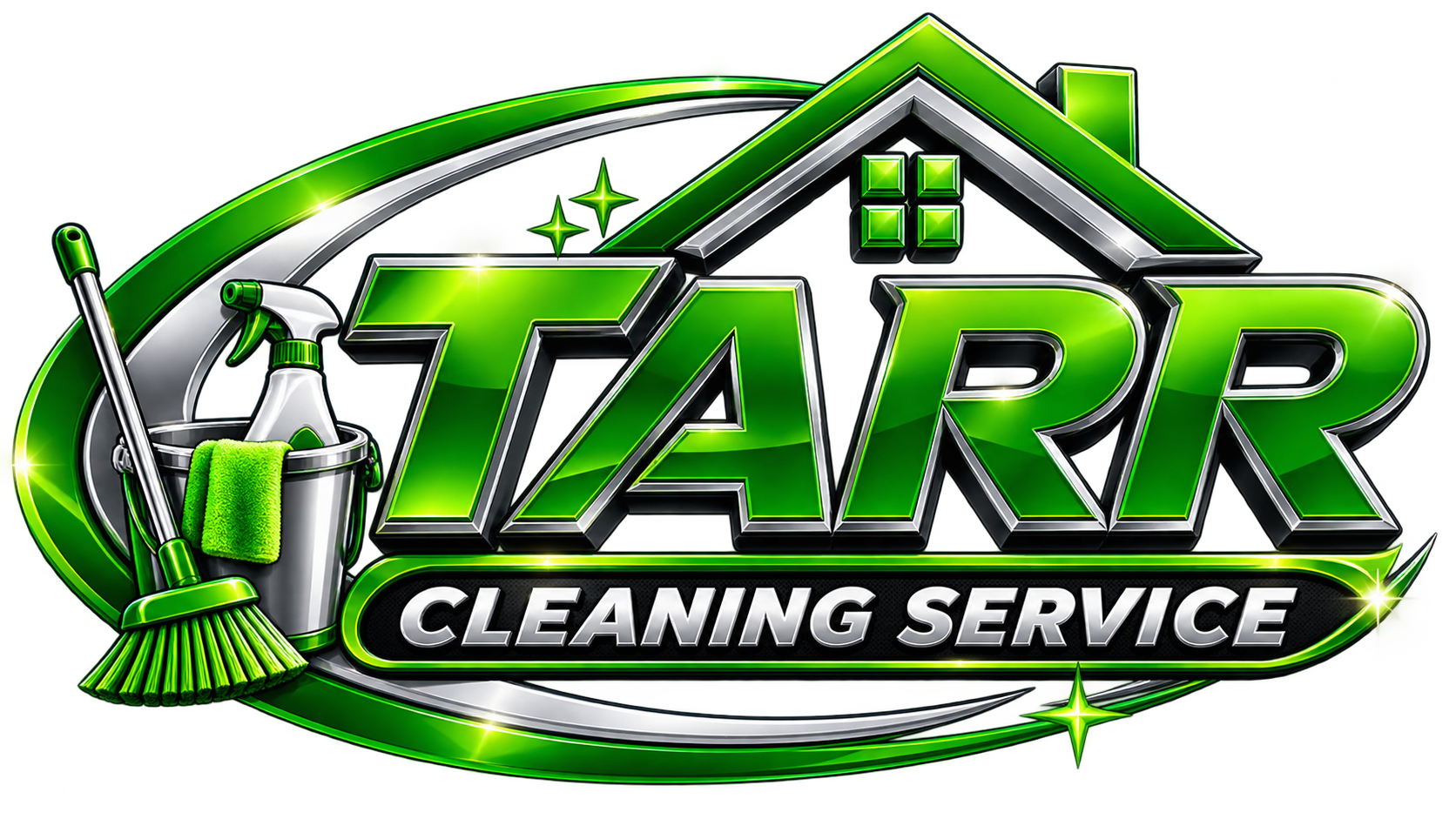 FaRR Cleaning Service logo with green house, broom, and spray bottle on white background