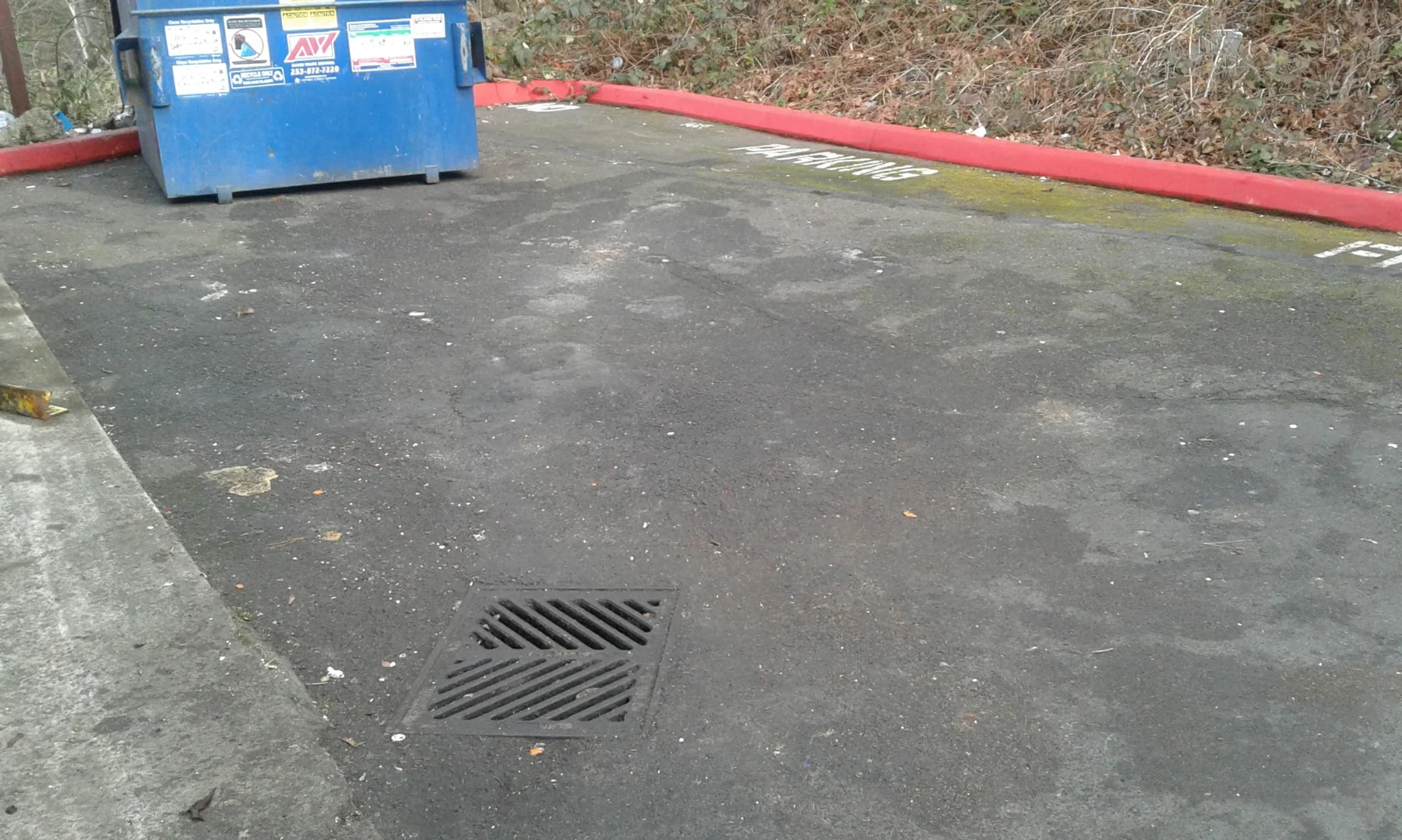 Asphalt parking lot with storm drain grate, blue dumpster, and red curb border